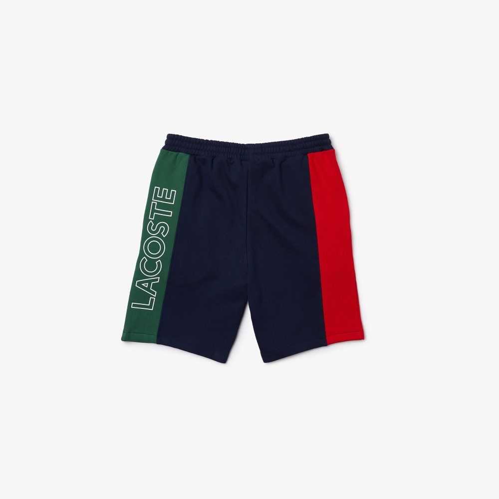 Navy Blue / Red / Green Lacoste Branded Cotton Fleece Blend Shorts | OXIUZF-379