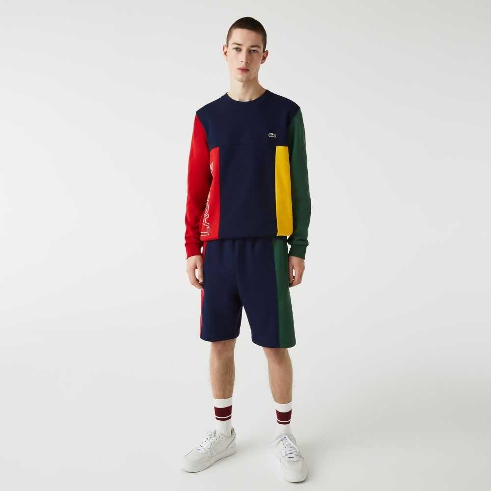 Navy Blue / Red / Green Lacoste Branded Cotton Fleece Blend Shorts | OXIUZF-379