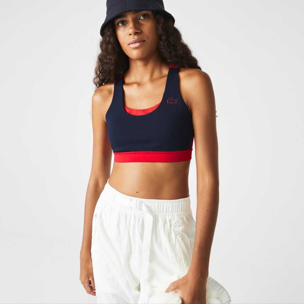 Navy Blue / Red / Green Lacoste SPORT Colorblock Recycled Polyester Sports Bra | DTIXRE-963