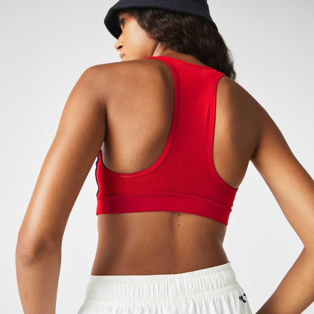 Navy Blue / Red / Green Lacoste SPORT Colorblock Recycled Polyester Sports Bra | DTIXRE-963