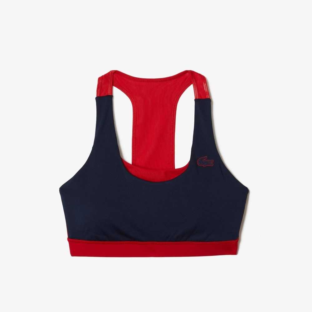 Navy Blue / Red / Green Lacoste SPORT Colorblock Recycled Polyester Sports Bra | DTIXRE-963