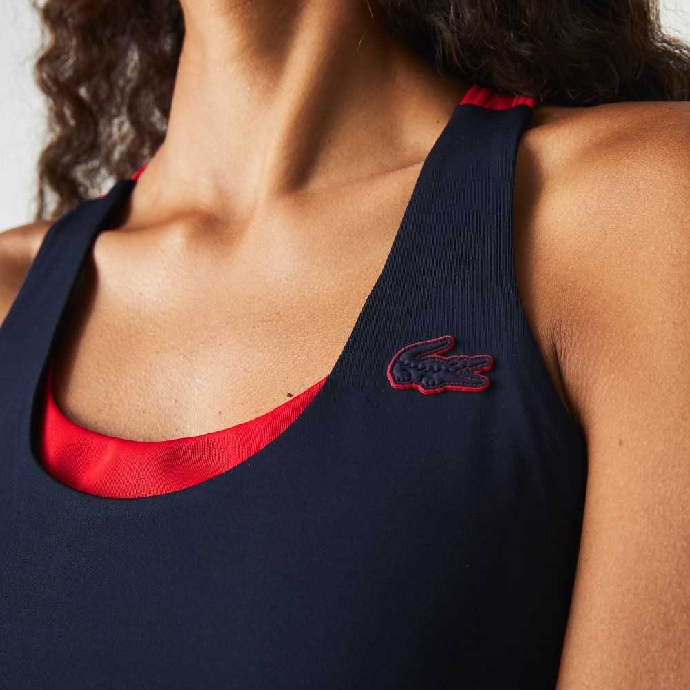 Navy Blue / Red / Green Lacoste SPORT Colorblock Recycled Polyester Sports Bra | DTIXRE-963