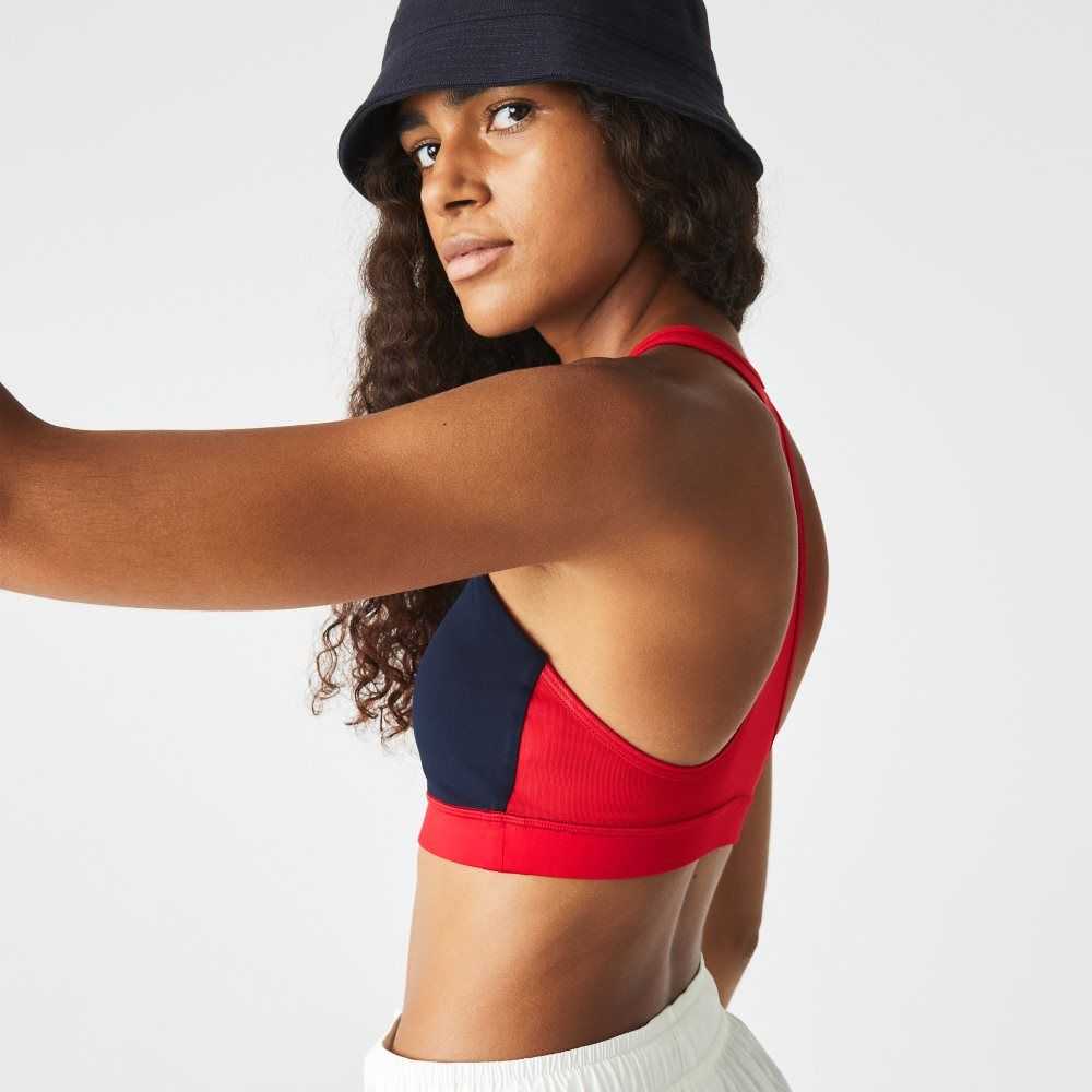 Navy Blue / Red / Green Lacoste SPORT Colorblock Recycled Polyester Sports Bra | DTIXRE-963