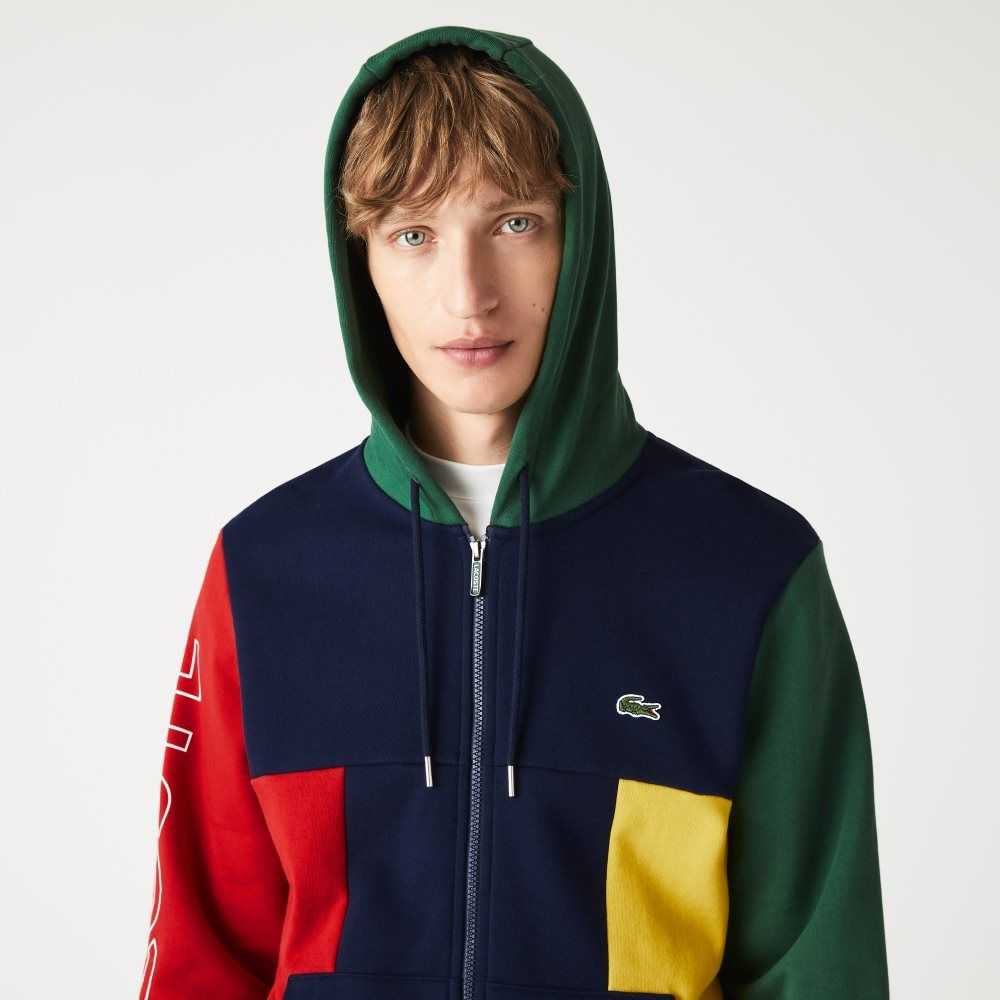 Navy Blue / Red / Green / Yellow Lacoste Colorblock Zippered Fleece Hoodie | AWOKFT-897