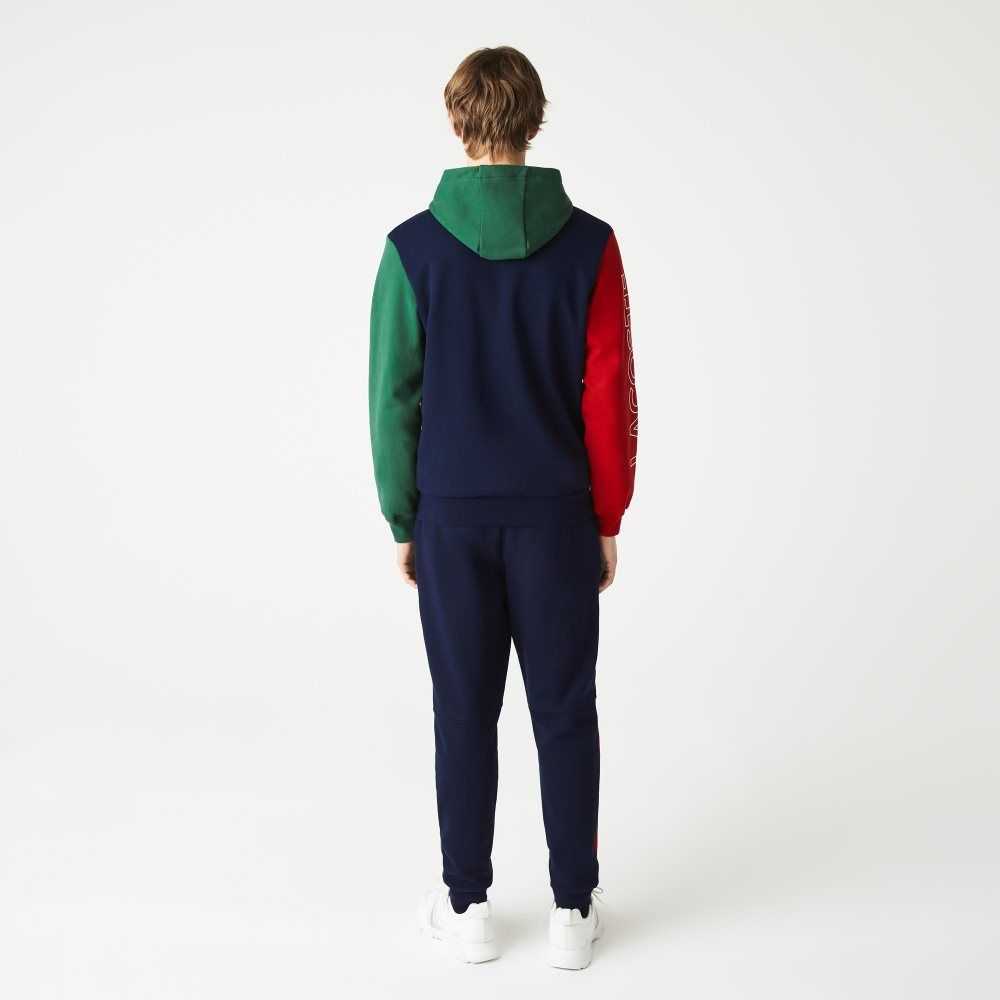 Navy Blue / Red / Green / Yellow Lacoste Colorblock Zippered Fleece Hoodie | AWOKFT-897