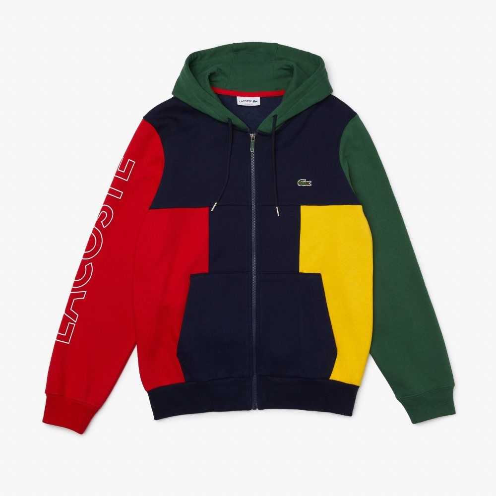 Navy Blue / Red / Green / Yellow Lacoste Colorblock Zippered Fleece Hoodie | AWOKFT-897