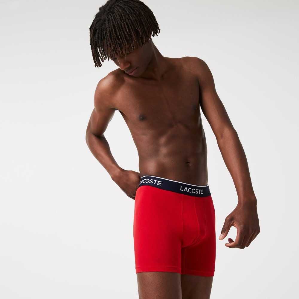 Navy Blue / Red / Navy Blue Lacoste Long Stretch Cotton Boxer Brief 3-Pack | VOTLDR-905