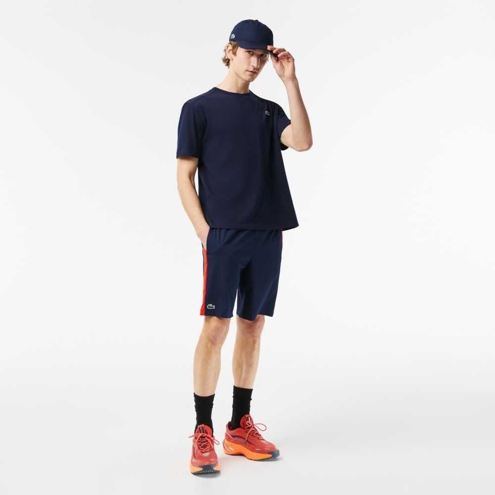 Navy Blue / Red / Orange Lacoste Recycled Polyester Tennis Shorts | KCMZDU-862