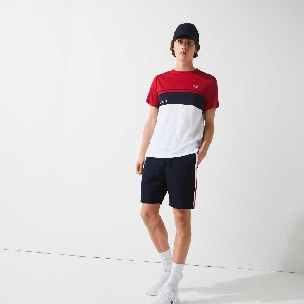 Navy Blue / Red / White Lacoste SPORT Colorblock Panels Lightweight Shorts | FYQKXP-843