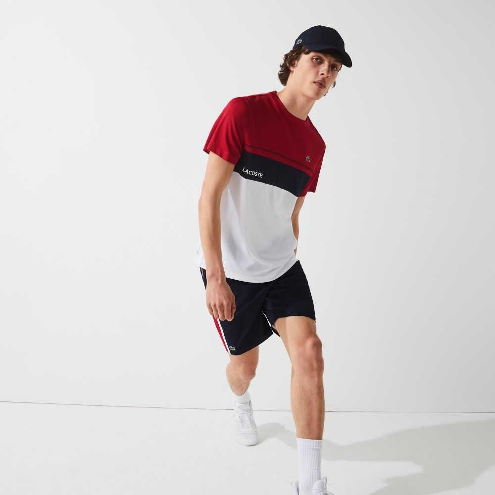 Navy Blue / Red / White Lacoste SPORT Colorblock Panels Lightweight Shorts | FYQKXP-843