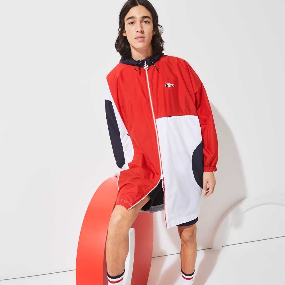 Navy Blue / Red / White Lacoste SPORT French Sporting Spirit Edition Oversized Raincoat | WCMTLJ-720