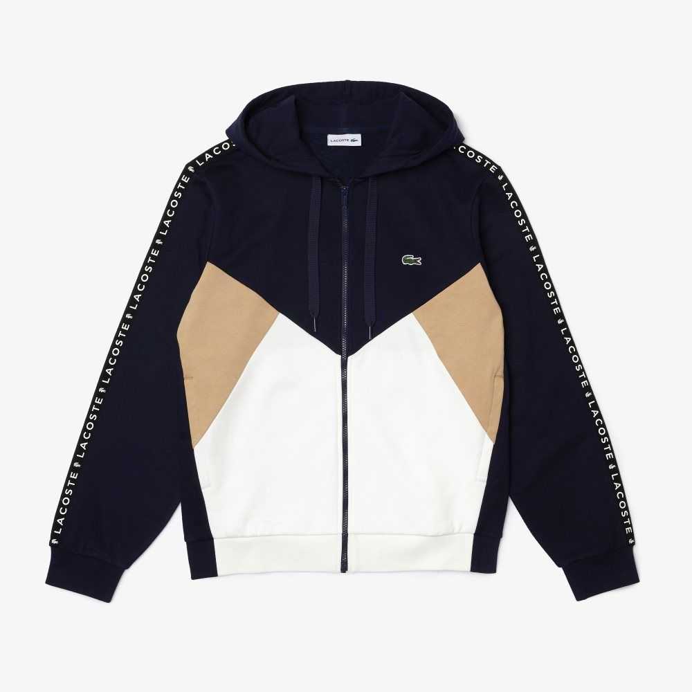 Navy Blue / White / Beige Lacoste Hooded Colorblock Lettered Fleece Zip Sweatshirt | CZTWEL-807