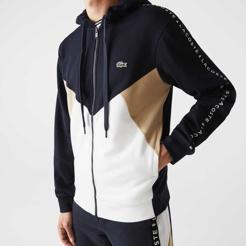 Navy Blue / White / Beige Lacoste Hooded Colorblock Lettered Fleece Zip Sweatshirt | CZTWEL-807