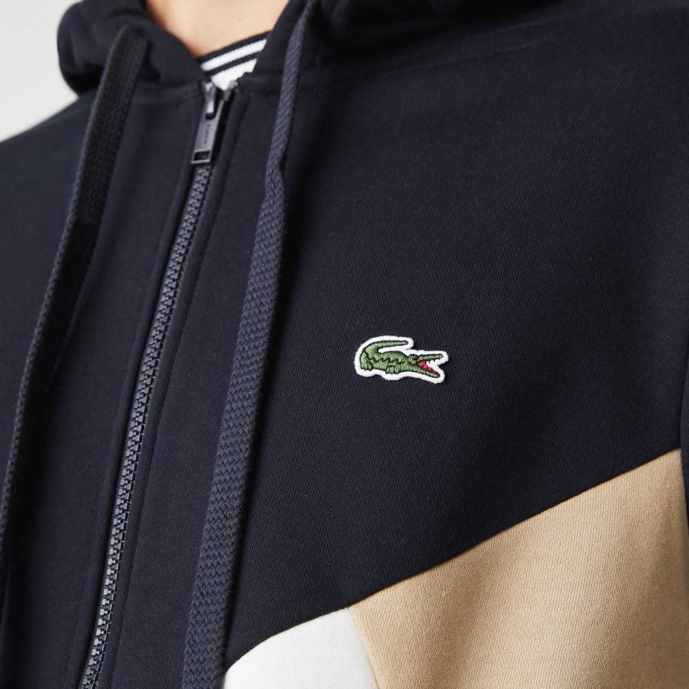 Navy Blue / White / Beige Lacoste Hooded Colorblock Lettered Fleece Zip Sweatshirt | CZTWEL-807