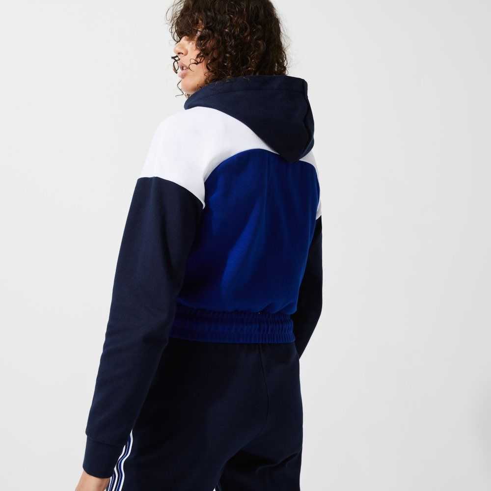 Navy Blue / White / Blue Lacoste SPORT Hooded Organic Cotton Zip Sweatshirt | CABXYZ-521