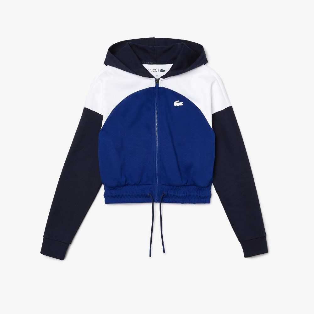 Navy Blue / White / Blue Lacoste SPORT Hooded Organic Cotton Zip Sweatshirt | CABXYZ-521