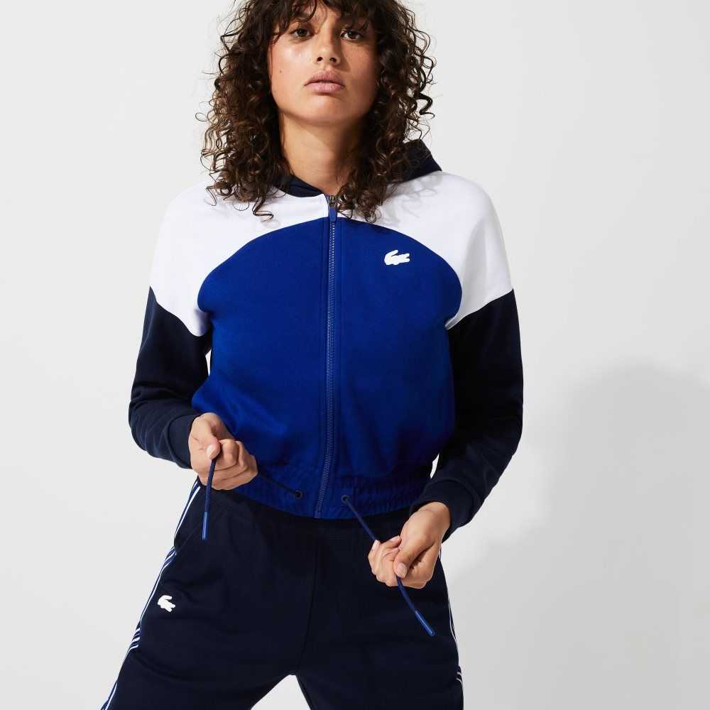 Navy Blue / White / Blue Lacoste SPORT Hooded Organic Cotton Zip Sweatshirt | CABXYZ-521