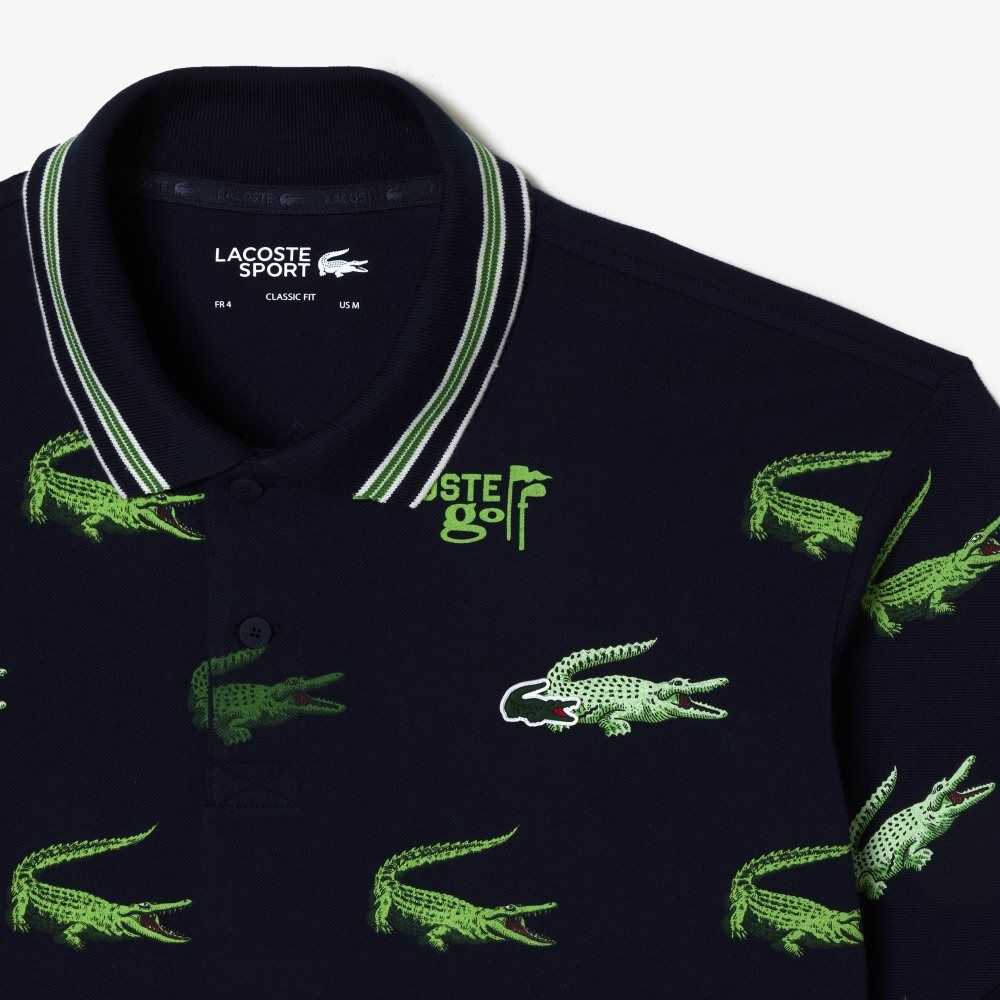 Navy Blue / White / Green Lacoste Golf Crocodile Print Polo | NFXRBV-831