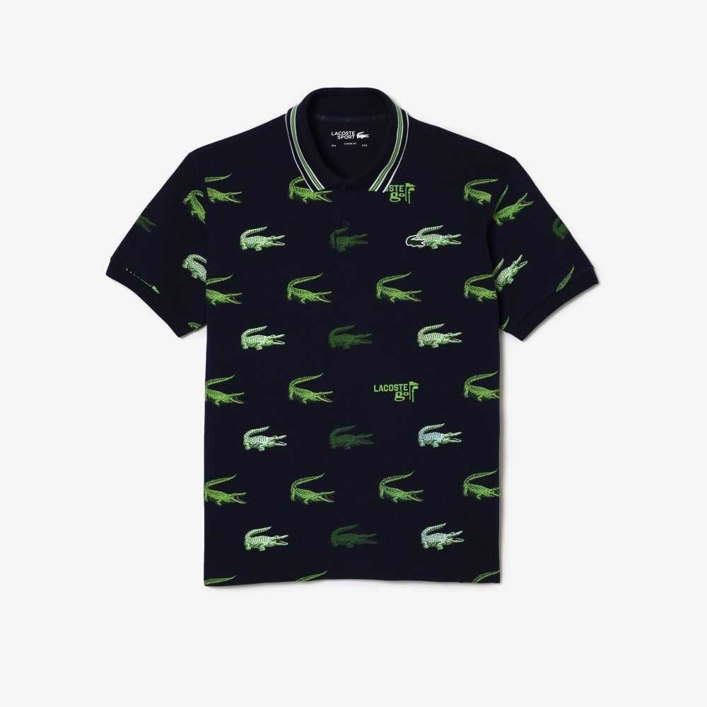 Navy Blue / White / Green Lacoste Golf Crocodile Print Polo | NFXRBV-831