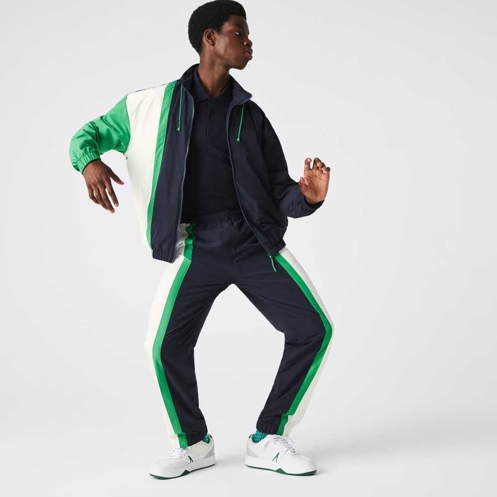 Navy Blue / White / Green Lacoste Lightweight Water-Repellent Color-Block Trackpants | XBAHLY-962