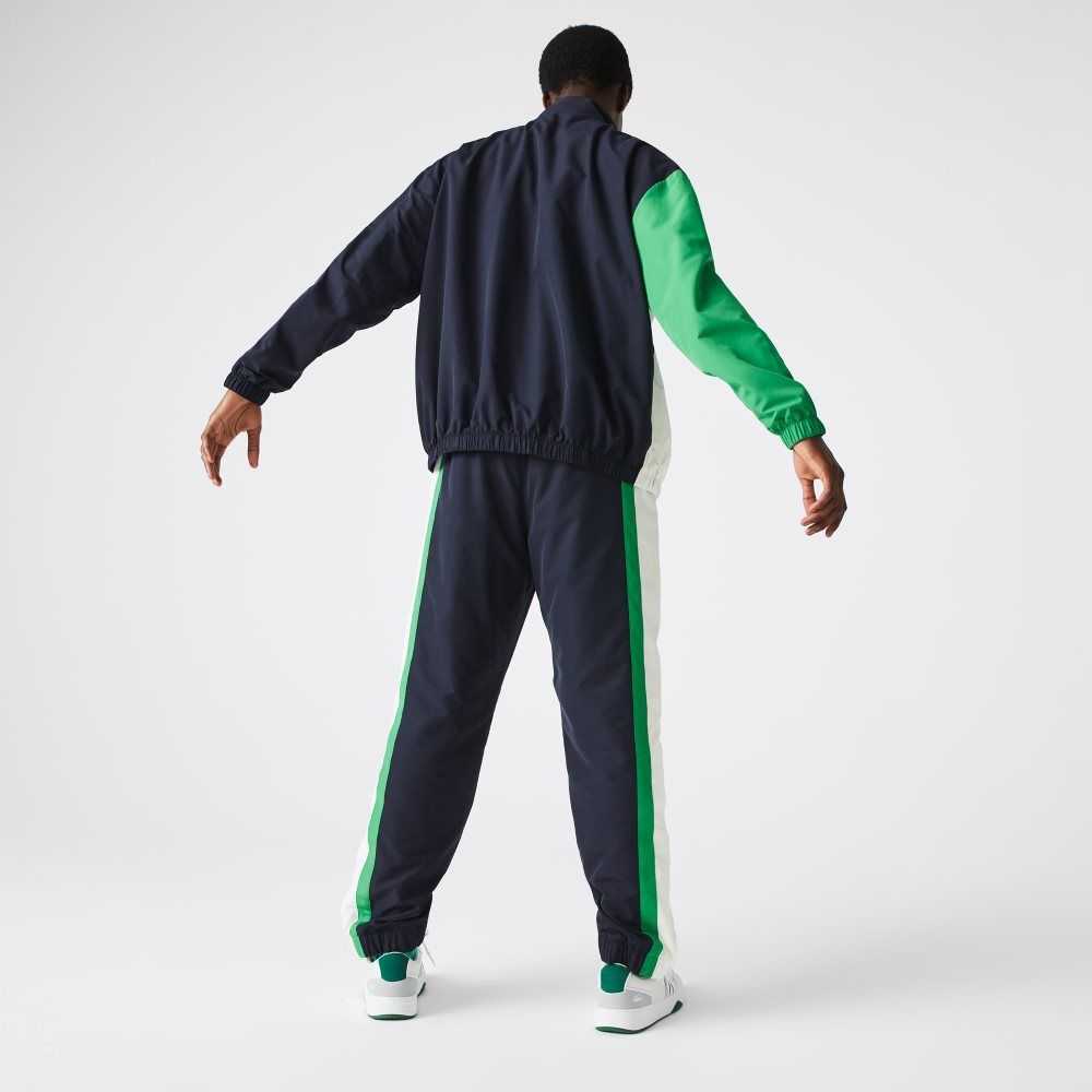 Navy Blue / White / Green Lacoste Lightweight Water-Repellent Color-Block Trackpants | XBAHLY-962