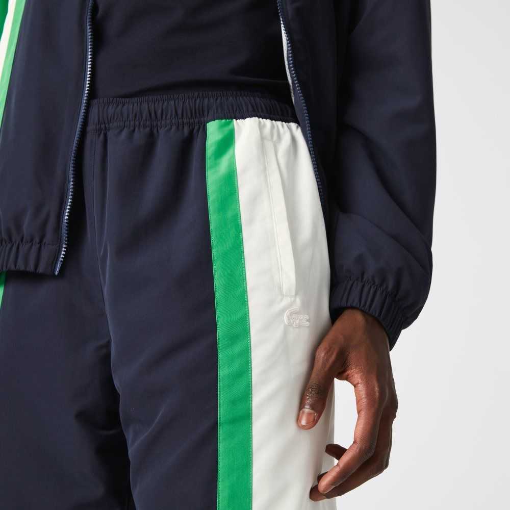 Navy Blue / White / Green Lacoste Lightweight Water-Repellent Color-Block Trackpants | XBAHLY-962