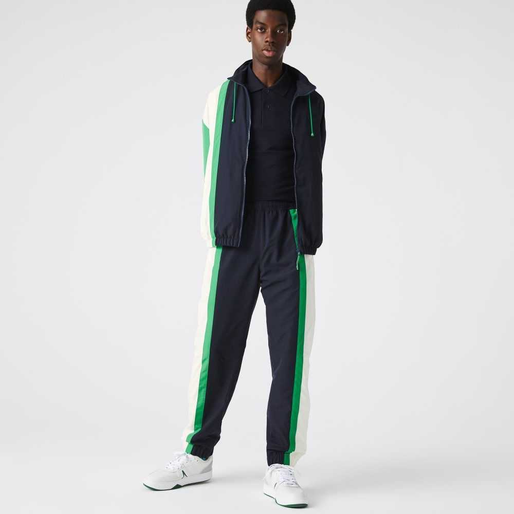 Navy Blue / White / Green Lacoste Lightweight Water-Repellent Color-Block Trackpants | XBAHLY-962