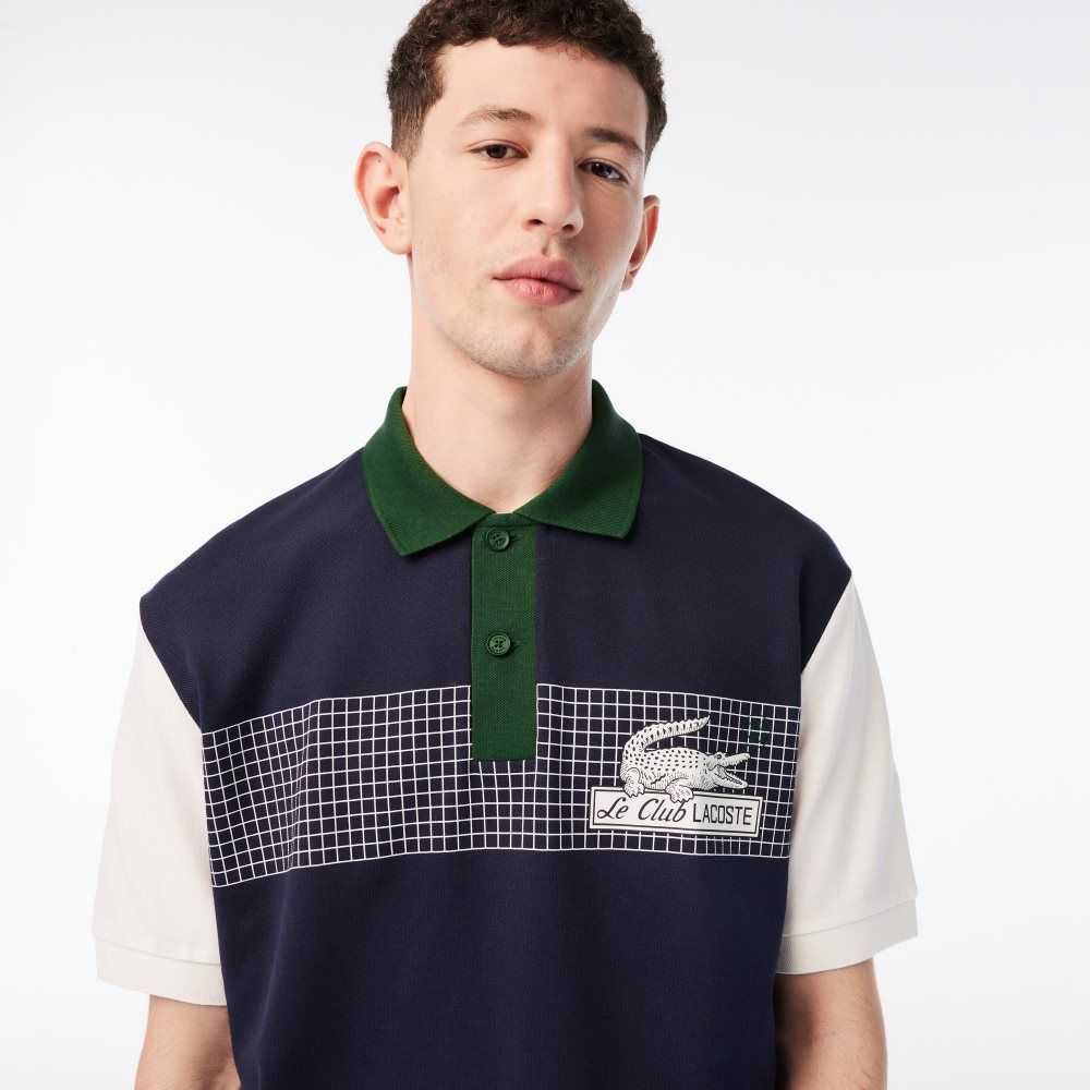 Navy Blue / White / Green Lacoste Loose Fit Organic Cotton Polo | IJHFOW-639