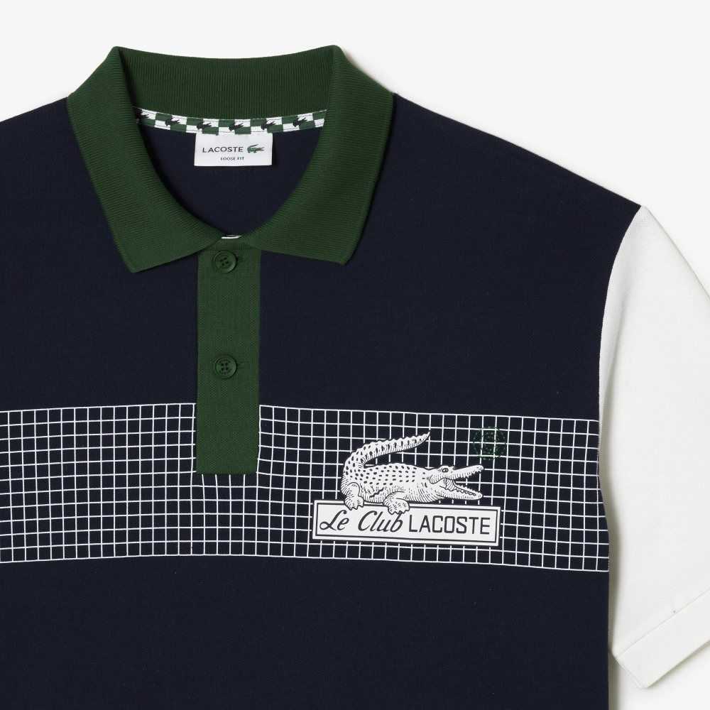 Navy Blue / White / Green Lacoste Loose Fit Organic Cotton Polo | IJHFOW-639