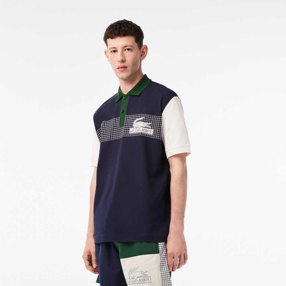 Navy Blue / White / Green Lacoste Loose Fit Organic Cotton Polo | IJHFOW-639