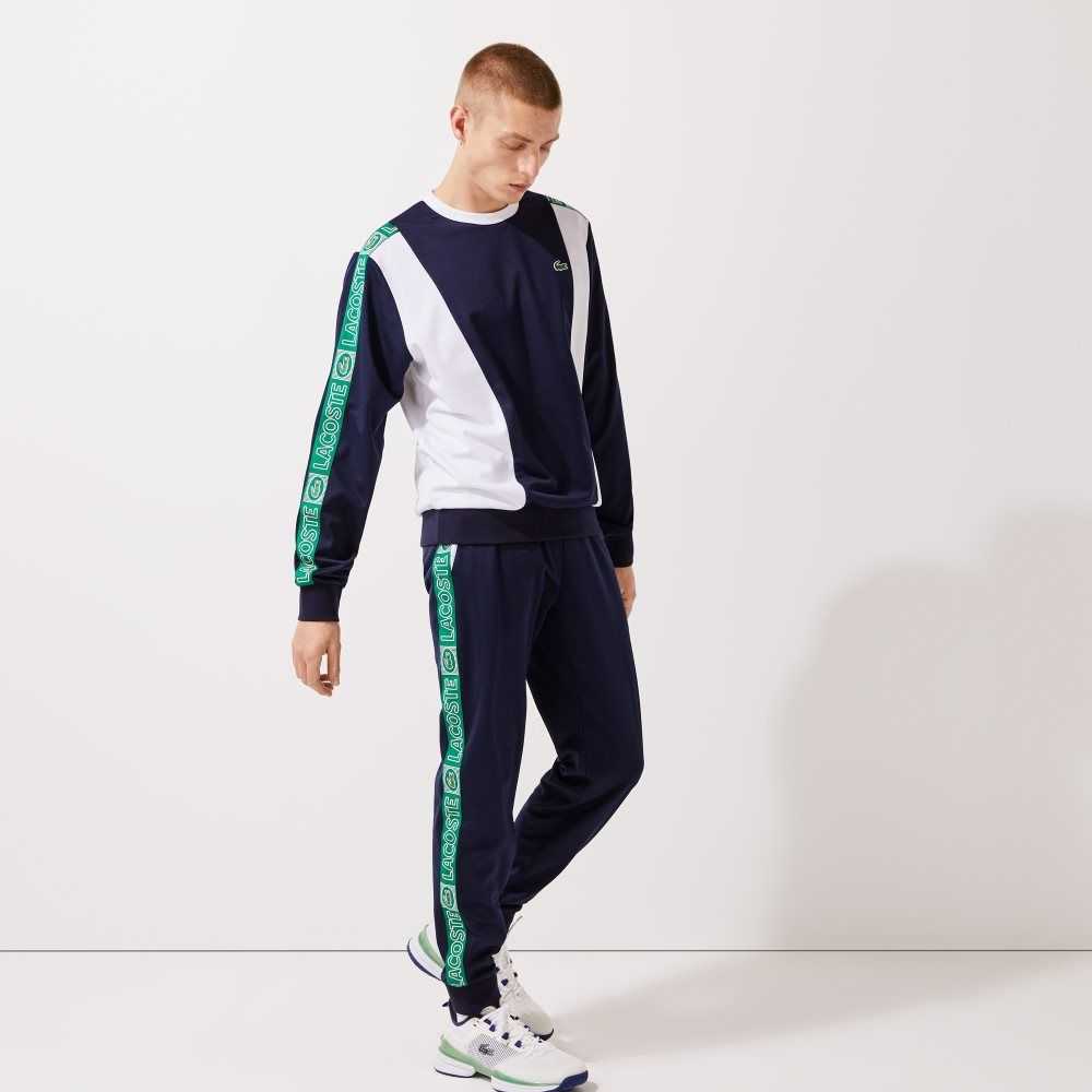 Navy Blue / White / Green Lacoste SPORT Branded Bands Tracksuit Pants | YNQOFH-079