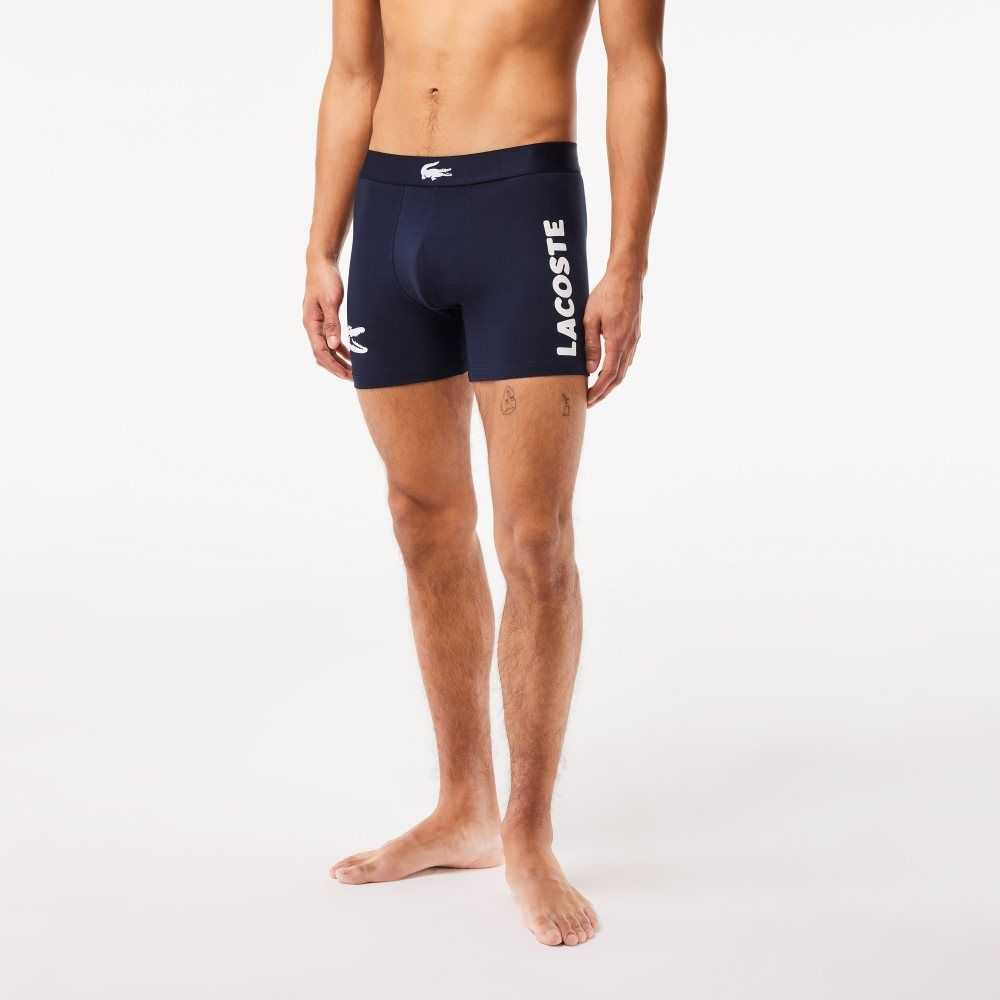 Navy Blue / White / Grey Chine / Navy Blue Lacoste Crocodile Waist Long Stretch Cotton Boxer Brief 3-Pack | NMYXJC-289