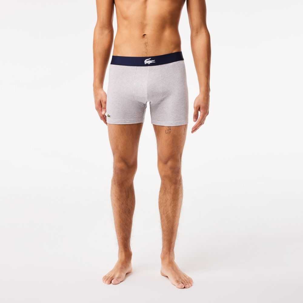 Navy Blue / White / Grey Chine / Navy Blue Lacoste Crocodile Waist Long Stretch Cotton Boxer Brief 3-Pack | NMYXJC-289