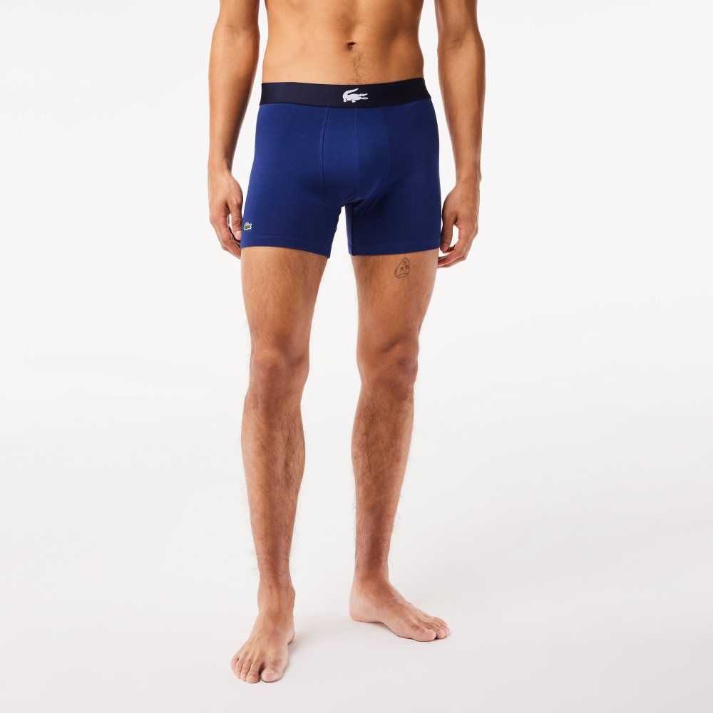 Navy Blue / White / Grey Chine / Navy Blue Lacoste Crocodile Waist Long Stretch Cotton Boxer Brief 3-Pack | NMYXJC-289