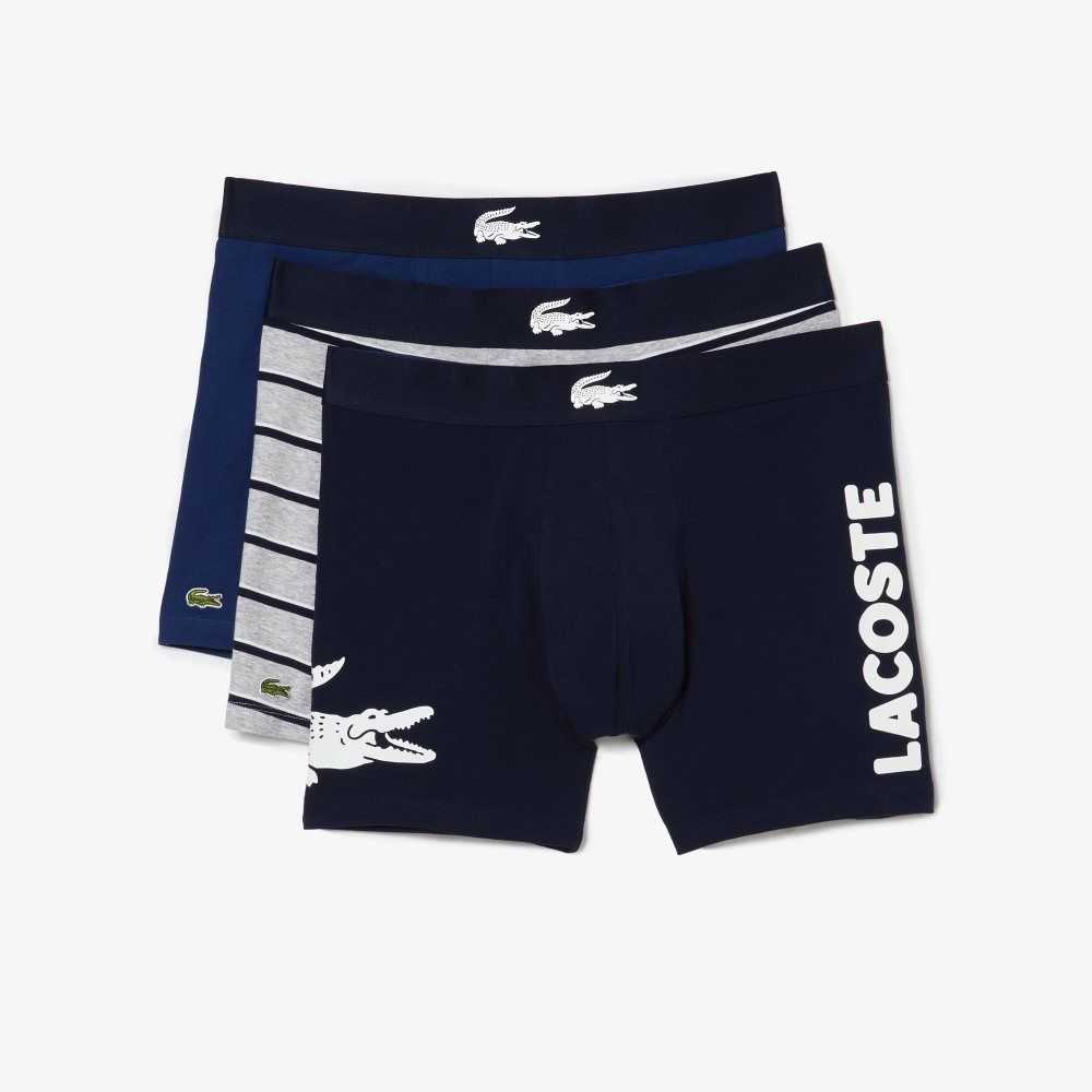 Navy Blue / White / Grey Chine / Navy Blue Lacoste Crocodile Waist Long Stretch Cotton Boxer Brief 3-Pack | NMYXJC-289