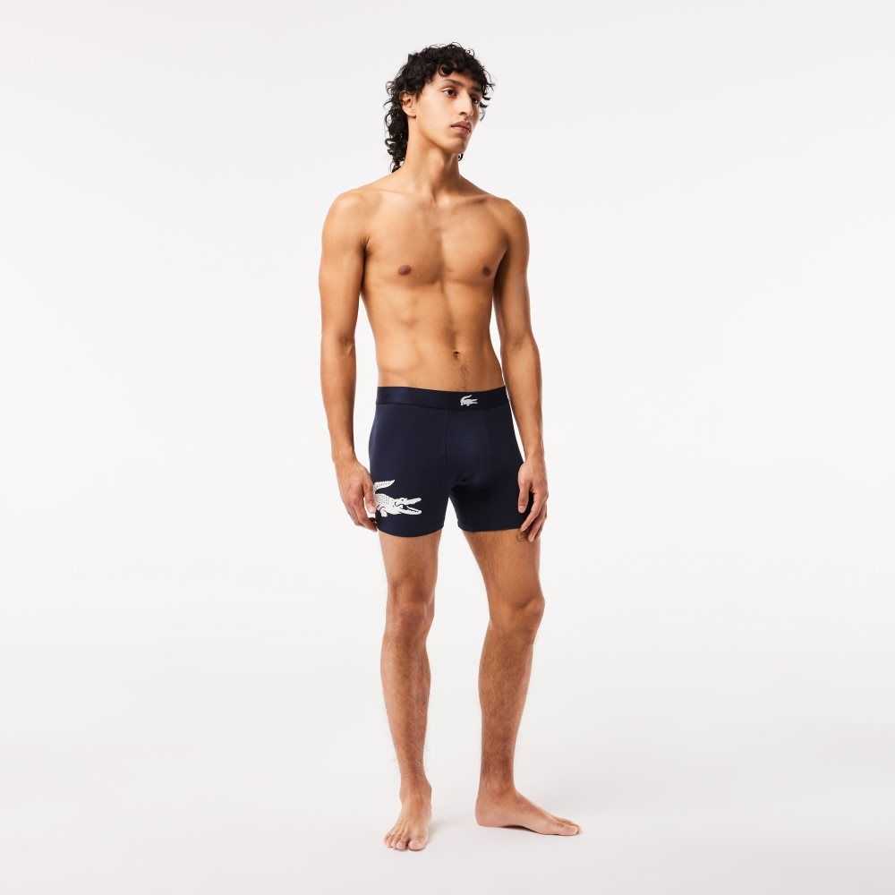 Navy Blue / White / Grey Chine / Navy Blue Lacoste Crocodile Waist Long Stretch Cotton Boxer Brief 3-Pack | NMYXJC-289