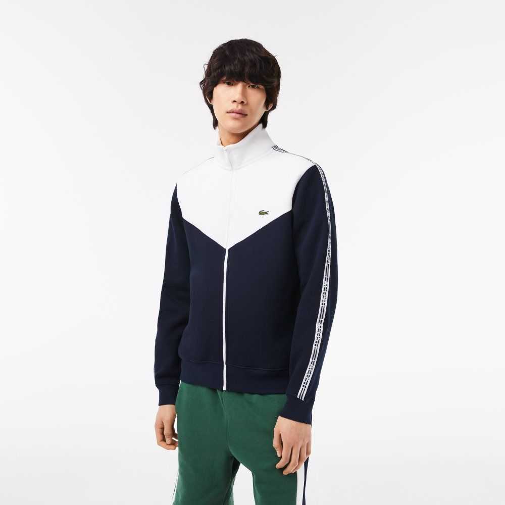 Navy Blue / White Lacoste Classic Fit Colorblock Zipped Sweatshirt | VUFEBD-578