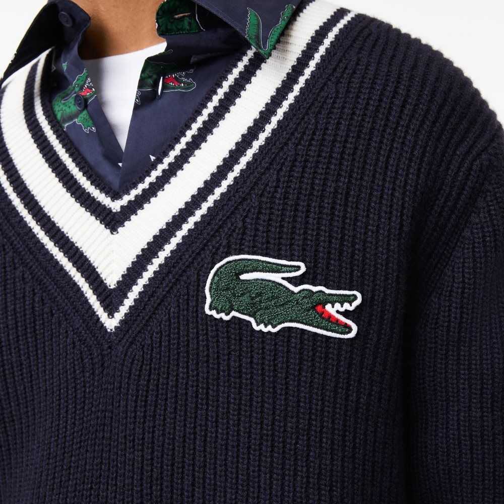 Navy Blue / White Lacoste Comic Badge Sweater | UWKSFC-461