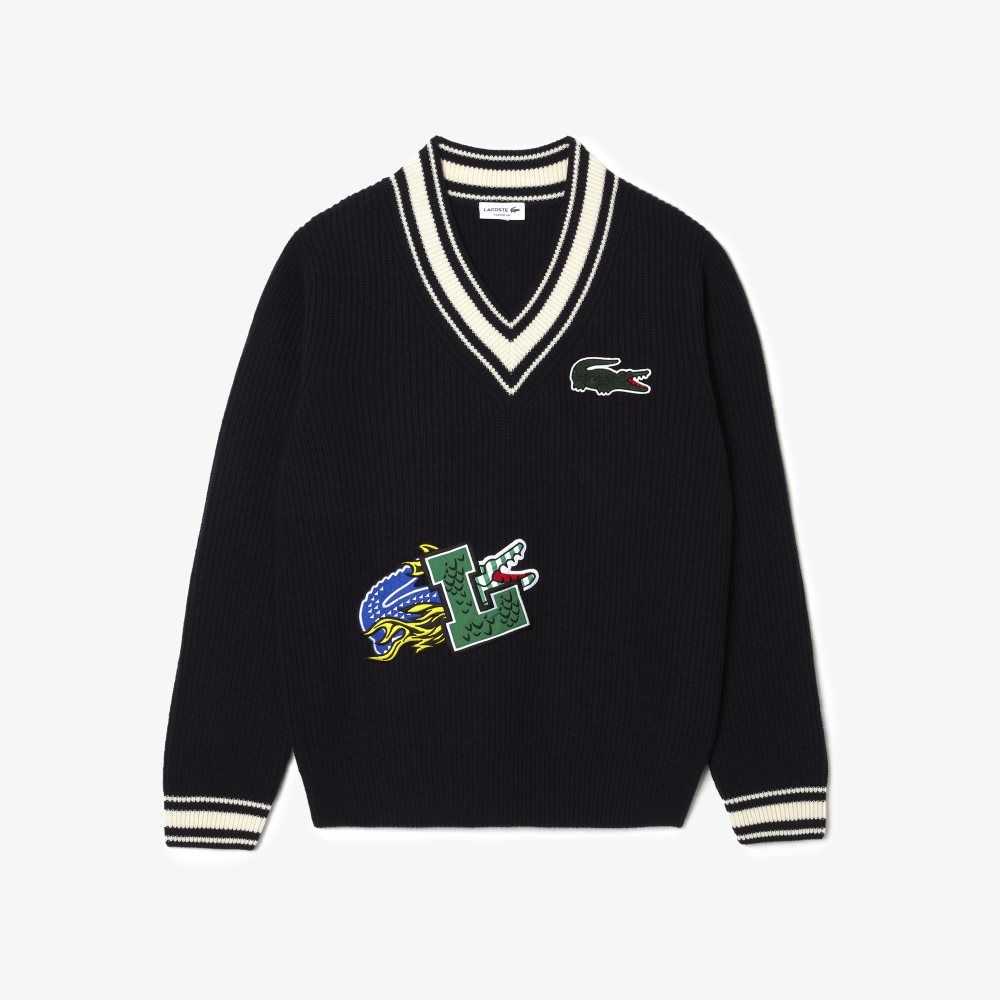 Navy Blue / White Lacoste Comic Badge Sweater | UWKSFC-461