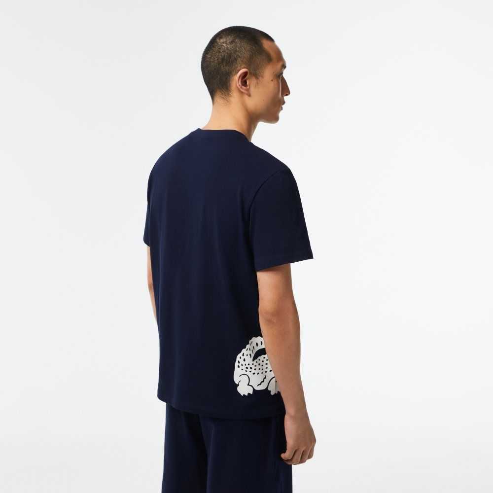 Navy Blue / White Lacoste Cotton Jersey Contrast Print T-Shirt | ENIPXD-710