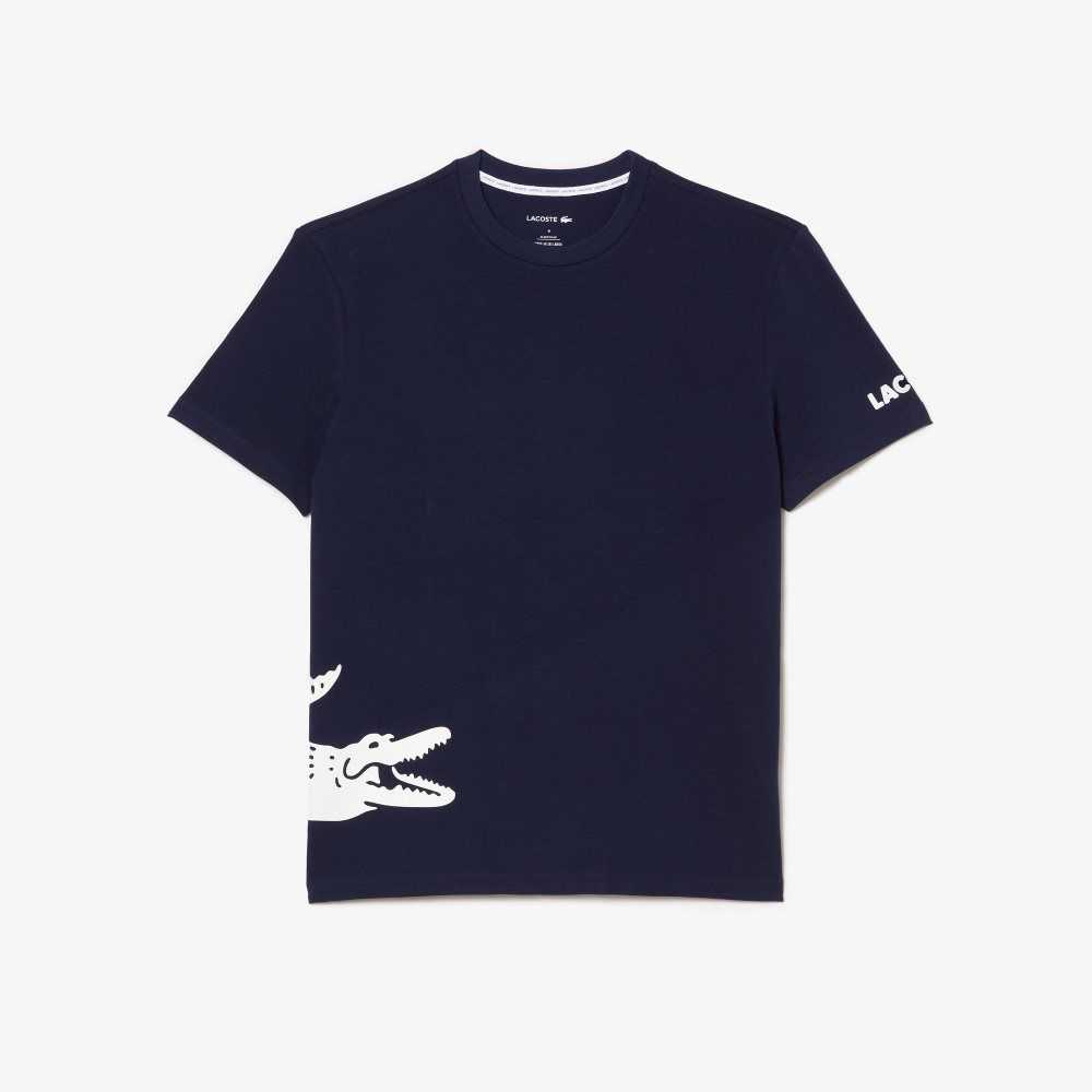 Navy Blue / White Lacoste Cotton Jersey Contrast Print T-Shirt | ENIPXD-710