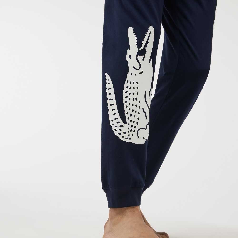 Navy Blue / White Lacoste Crocodile Print Stretch Cotton Pajama Pants | GFAVZQ-618