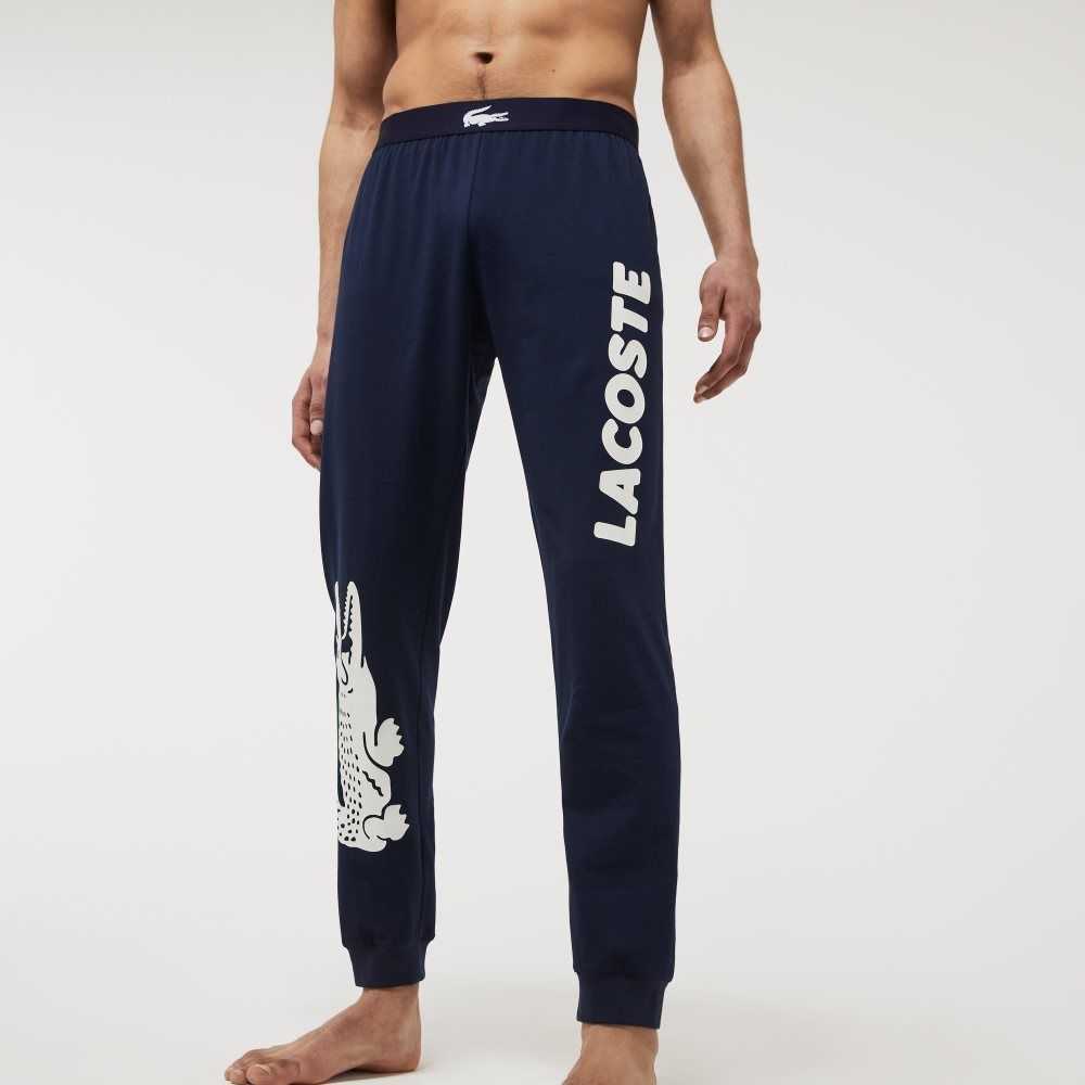 Navy Blue / White Lacoste Crocodile Print Stretch Cotton Pajama Pants | GFAVZQ-618