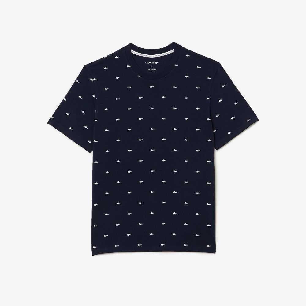 Navy Blue / White Lacoste Crocodile Print Stretch Cotton Lounge T-Shirt | QIMEXD-365