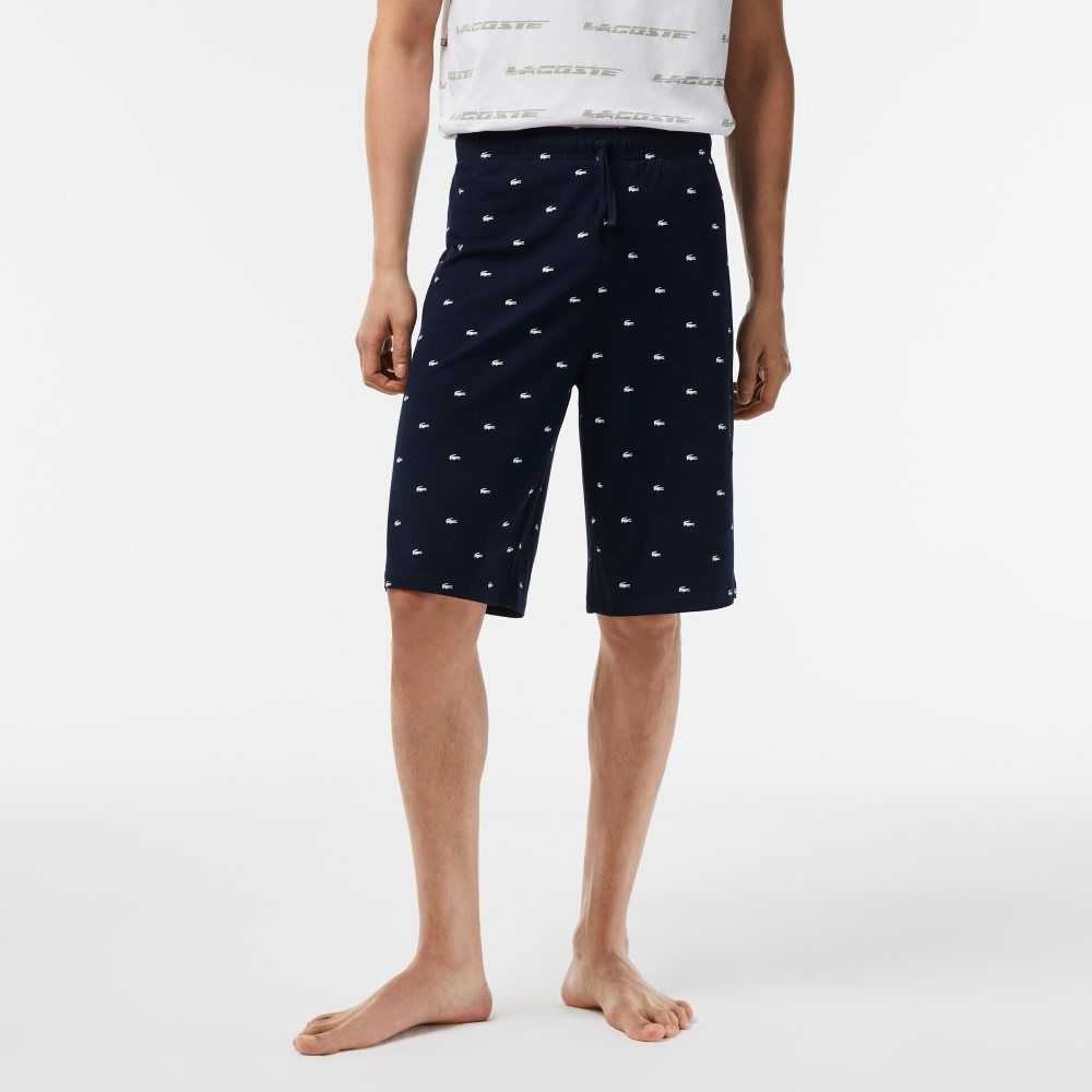 Navy Blue / White Lacoste Crocodile Print Cotton Jersey Pajama Shorts | ULADZT-405