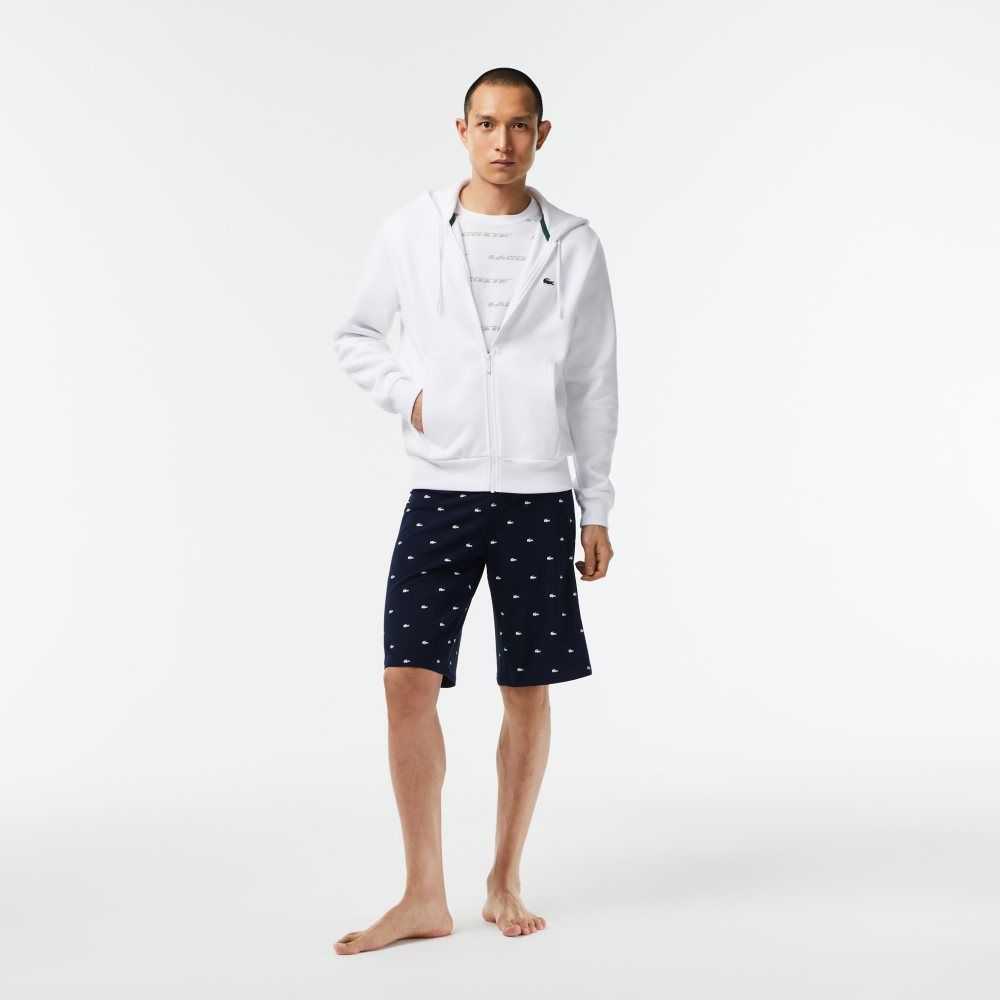 Navy Blue / White Lacoste Crocodile Print Cotton Jersey Pajama Shorts | ULADZT-405