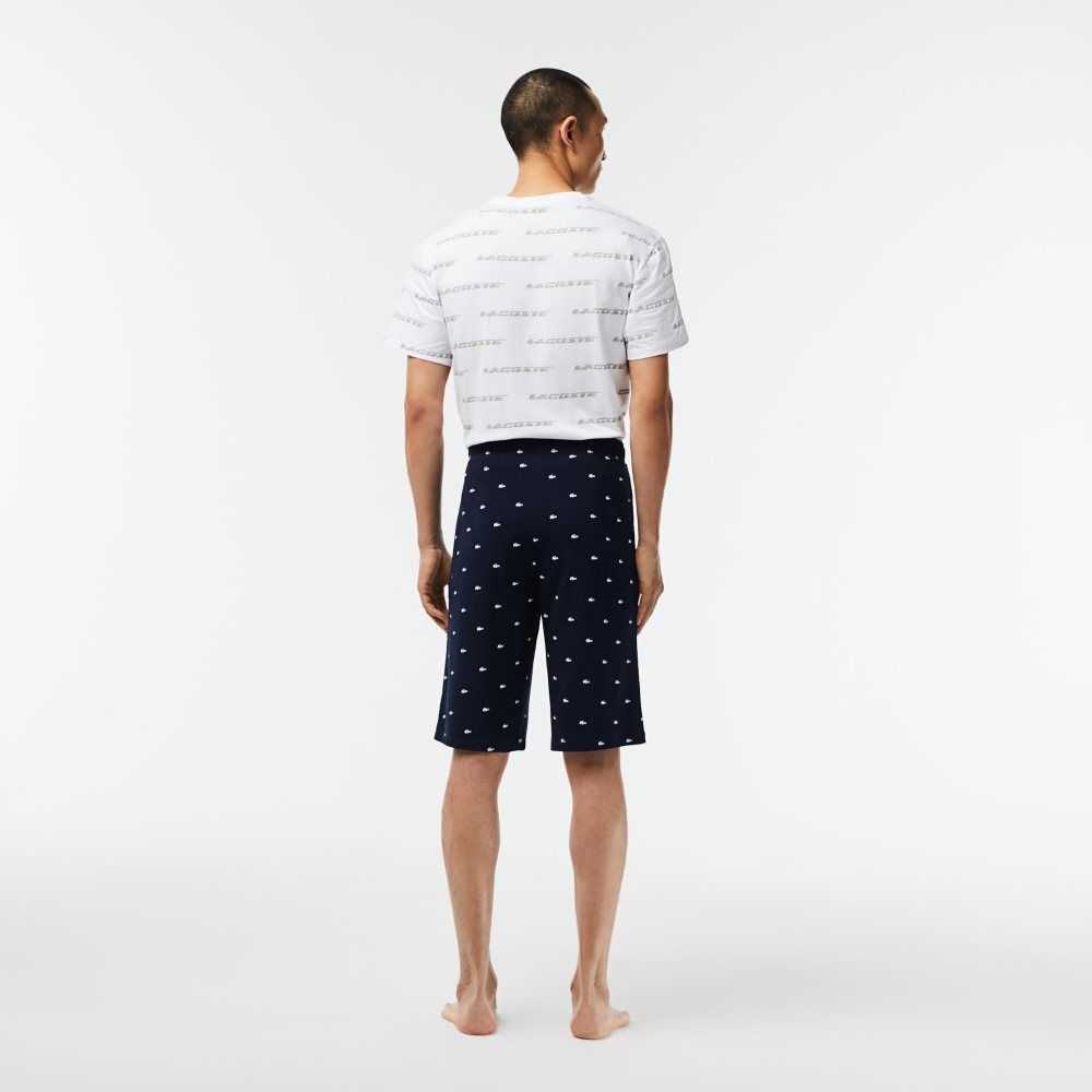 Navy Blue / White Lacoste Crocodile Print Cotton Jersey Pajama Shorts | ULADZT-405