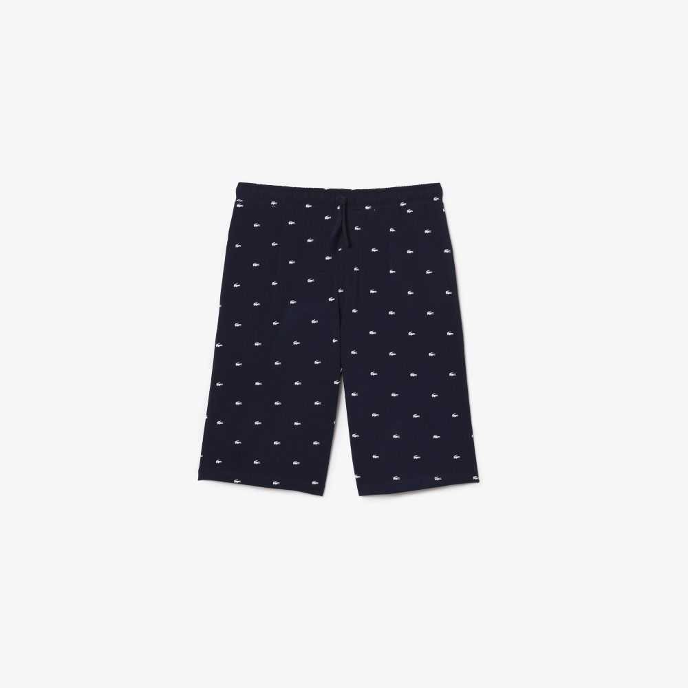 Navy Blue / White Lacoste Crocodile Print Cotton Jersey Pajama Shorts | ULADZT-405