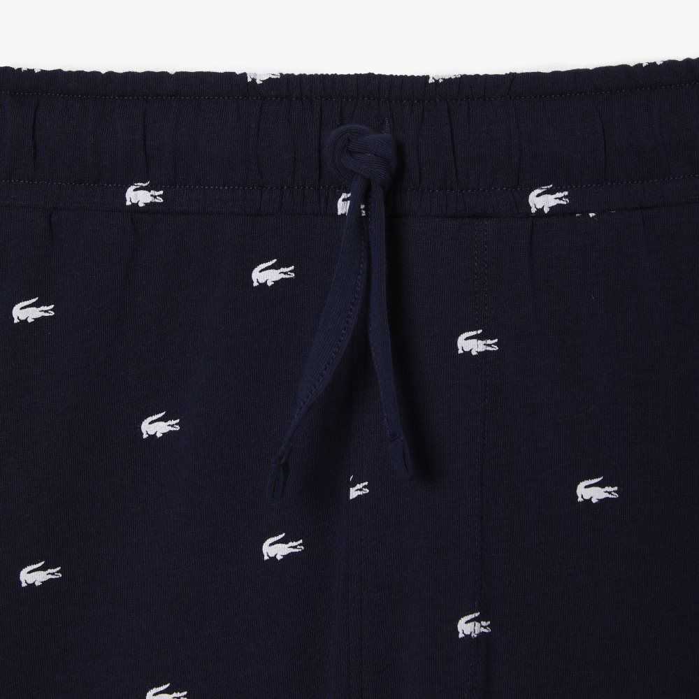 Navy Blue / White Lacoste Crocodile Print Cotton Jersey Pajama Shorts | ULADZT-405