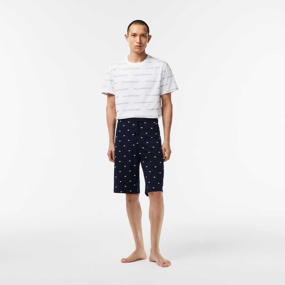 Navy Blue / White Lacoste Crocodile Print Cotton Jersey Pajama Shorts | ULADZT-405